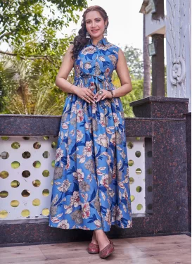 Digital Print Work Cotton Silk Trendy Gown in Light Blue for Festival