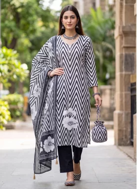 Digital Print Work Cotton Straight Suit in Black and White for Women