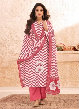Digital Print Work Cotton Straight Suit in Salmon and White for Women