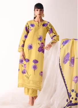 Digital Print Work Cotton Straight Suit in Yellow for Women