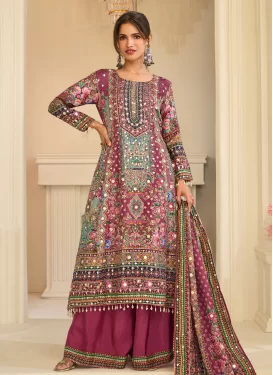 Digital Print Work Crepe Silk Palazzo Suit in Rose Pink and Sea Green for Women