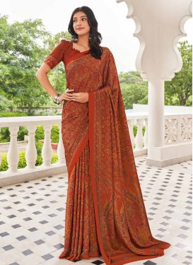 Digital Print Work Crepe Silk Traditional Saree in Rust for Women