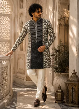 Digital Print Work Fancy Fabric Kurta Pajama in Black and Off White for Men