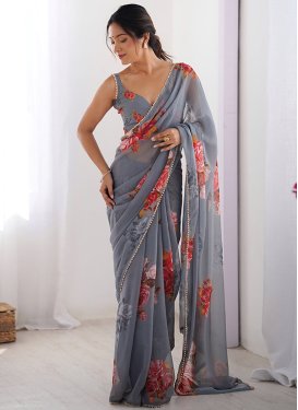 Digital Print Work Georgette Classic Saree in Grey for Women