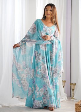 Digital Print Work Georgette Designer Gown in Firozi for Women