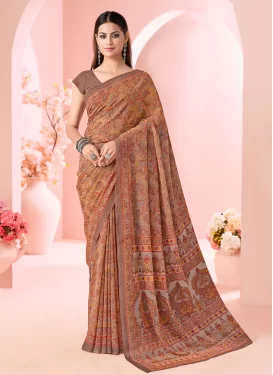 Digital Print Work Georgette Traditional Saree in Brown for Women