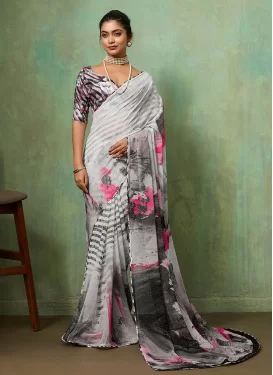 Digital Print Work Georgette Traditional Saree in Grey for Women
