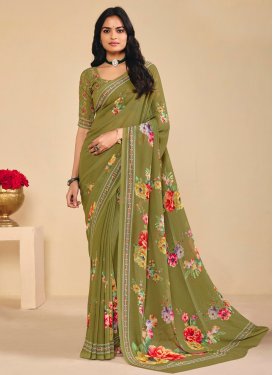 Digital Print Work Georgette Traditional Saree in Olive for Casual