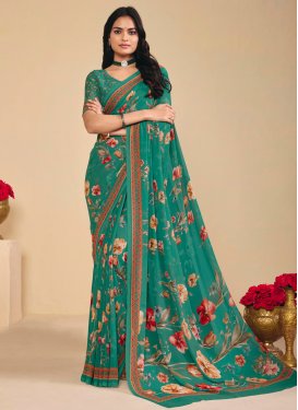 Digital Print Work Georgette Traditional Saree in Sea Green for Women