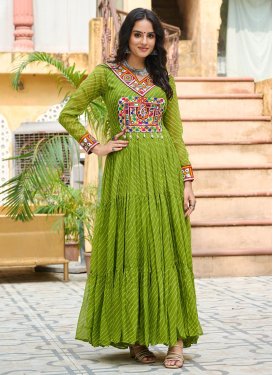 Digital Print Work Georgette Trendy Gown in Olive for Women