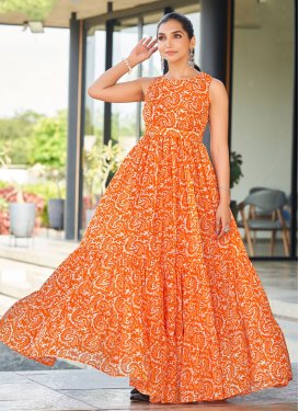 Digital Print Work Georgette Trendy Gown in Orange for Women
