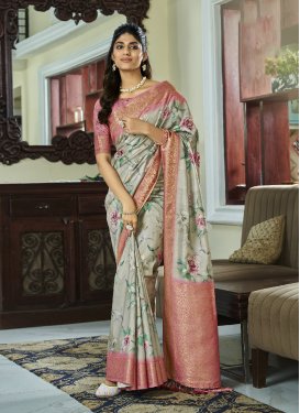 Digital Print Work Handloom Silk Pink and Sea Green Traditional Designer Saree