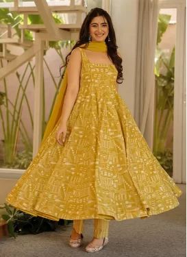 Digital Print Work Maslin Anarkali Suit in Gold for Women