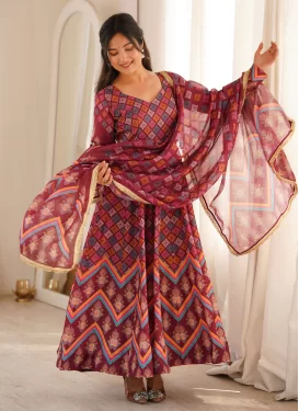 Digital Print Work Maslin Anarkali Suit in Maroon for Women