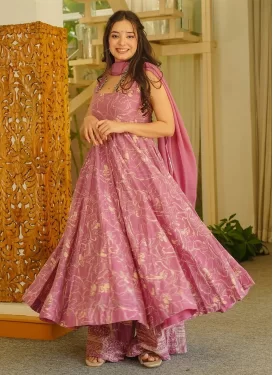 Digital Print Work Maslin Anarkali Suit in Mauve Pink for Women