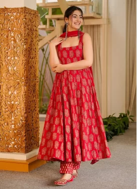 Digital Print Work Maslin Anarkali Suit in Red for Festival