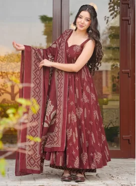 Digital Print Work Maslin Anarkali Suit in Rust for Women