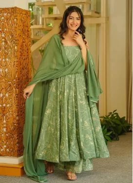 Digital Print Work Maslin Anarkali Suit in Sea Green for Women