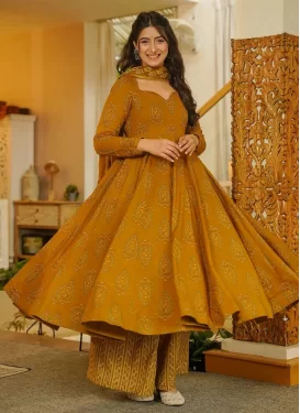 Digital Print Work Maslin Palazzo Suit in Mustard for Women