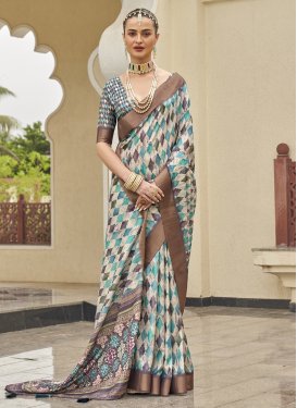 Digital Print Work Off White and Turquoise Traditional Designer Saree