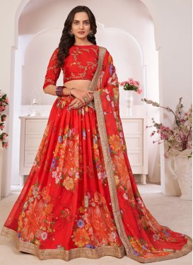 Digital Print Work Orange and Tomato Faux Georgette Trendy Lehenga Choli