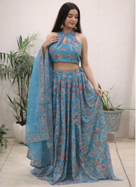 Digital Print Work Organza Readymade Lehenga Choli in Light Blue for Women