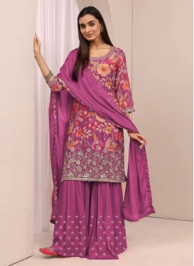 Digital Print Work Palazzo Suit For Festival in Magenta