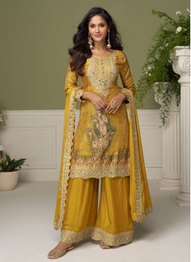 Digital Print Work Palazzo Suit For Party in Mustard