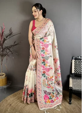 Digital Print Work Pasmina Classic Saree in Off White for Festival