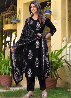 Digital Print Work Rayon Readymade Salwar Suit in Black for Women