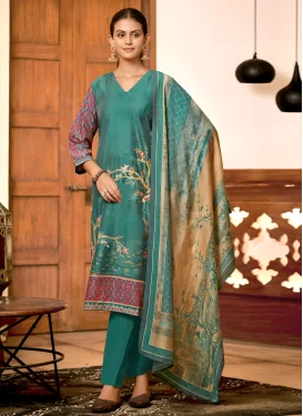 Digital Print Work Readymade Salwar Suit For Ceremonial in Teal