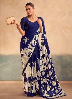 Digital Print Work Satin Silk Classic Saree in Cream and Navy Blue for Women