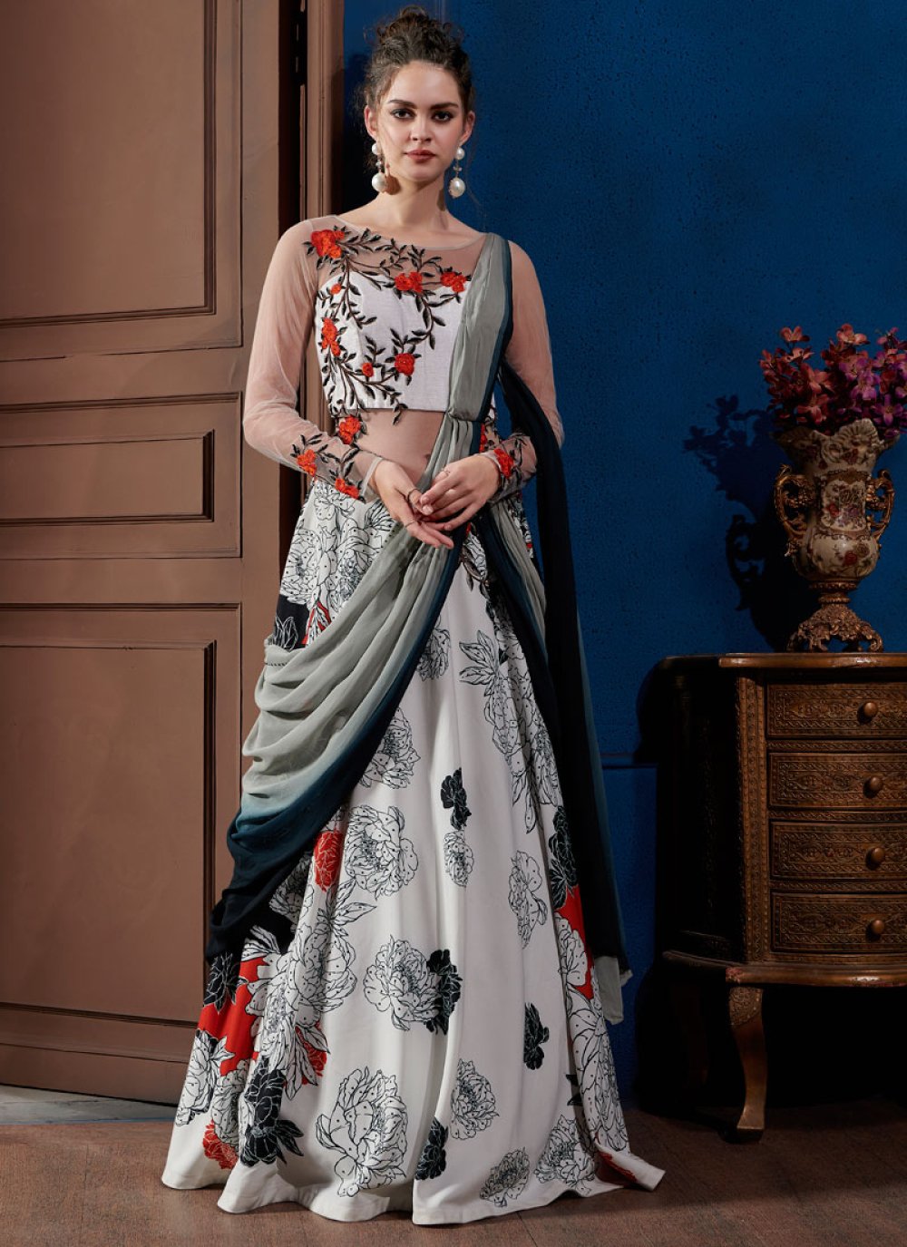 Digital Print Work Satin Silk Readymade Classic Gown