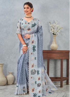 Digital Print Work Satin Silk Traditional Saree in Grey and Silver Color for Women Digital Print Work Satin Silk Traditional Saree in Grey and Silver Color for Women