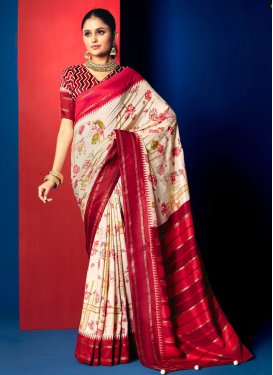 Digital Print Work Silk Blend Classic Saree in Cream and Red for Ceremonial