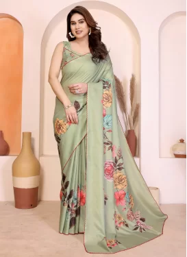 Digital Print Work Silk Blend Traditional Saree in Sea Green for Casual
