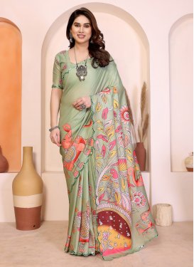 Digital Print Work Silk Blend Traditional Saree in Sea Green for Women