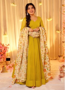 Digital Print Work Silk Blend Trendy Gown in Mustard for Women