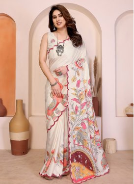 Digital Print Work Silk Blend Trendy Saree in Beige for Women
