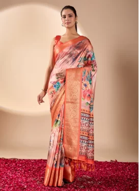 Digital Print Work Silk Georgette Traditional Saree in Peach and Salmon for Women