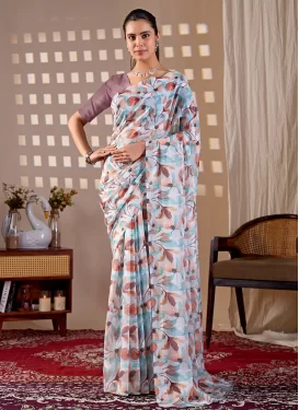 Digital Print Work Silk Georgette Trendy Saree in Off White for Women