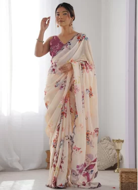 Digital Print Work Traditional Saree For Casual in Off White