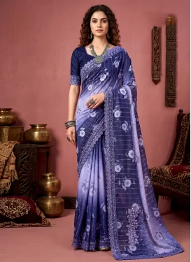 Digital Print Work Trendy Saree For Casual in Navy Blue and Violet