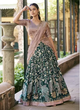 Digital Print Work Tussar Silk Trendy Lehenga Choli in Bottle Green and Pink for Women