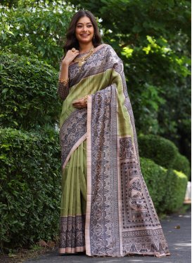 Digital Print Work Tussar Silk Trendy Saree in Beige and Olive for Ceremonial