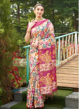 Digital Print Work Tussar Silk Trendy Saree in Beige and Rose Pink for Women