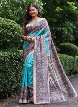 Digital Print Work Tussar Silk Trendy Saree in Firozi and Grey for Women