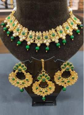 Dignified Alloy Gold Rodium Polish Gold and Green Beads Work Necklace Set