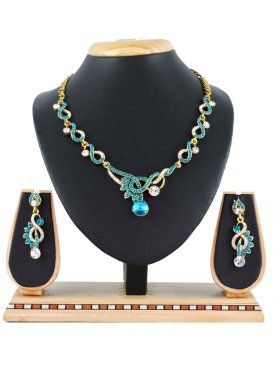 Dignified Alloy Gold Rodium Polish Teal and White Stone Work Necklace Set