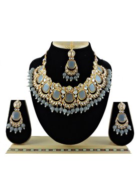 Dignified Alloy Grey and White Beads Work Necklace Set